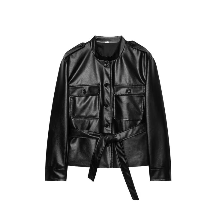 Damen Kurzjacke aus Kunstleder mit Taillengürtel, Pattentaschen und Stehkragen Echo Archiv
