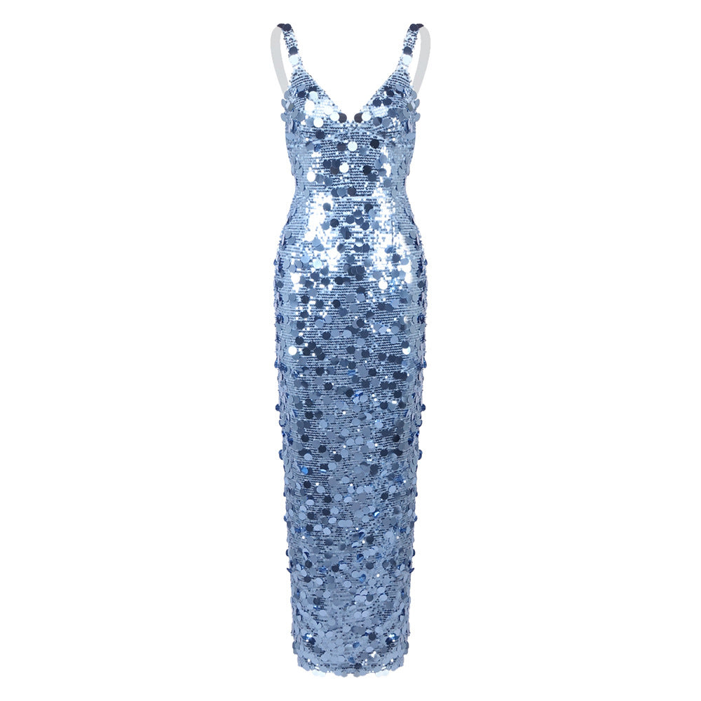 Damen Pailletten Maxikleid mit V-Ausschnitt und schmaler Silhouette Echo Archiv