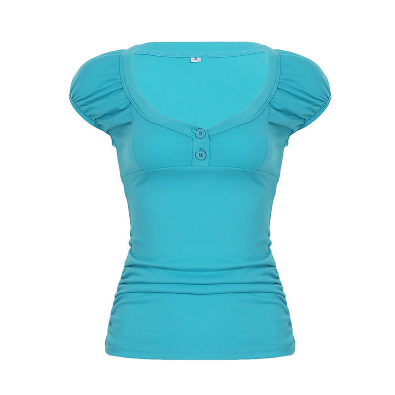 Damen figurbetontes Kurzarmshirt mit Puffärmeln und geschlossenen Knöpfen Echo Archiv