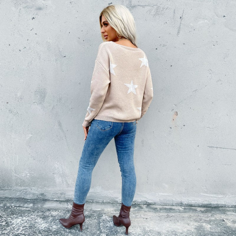 Damen Oversize-Strickpullover mit Sternen-Jacquard, Rundhalsausschnitt und Used-Effekt-Saum Echoarchiv