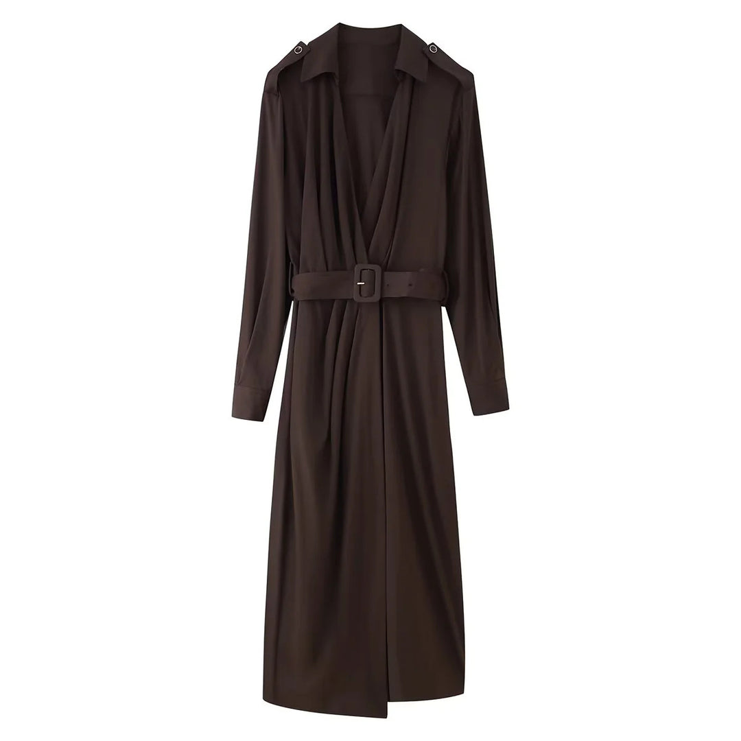 Damen langärmliges Hemdblusenkleid mit Taillengürtel und femininer A-Linien-Silhouette – Valéora