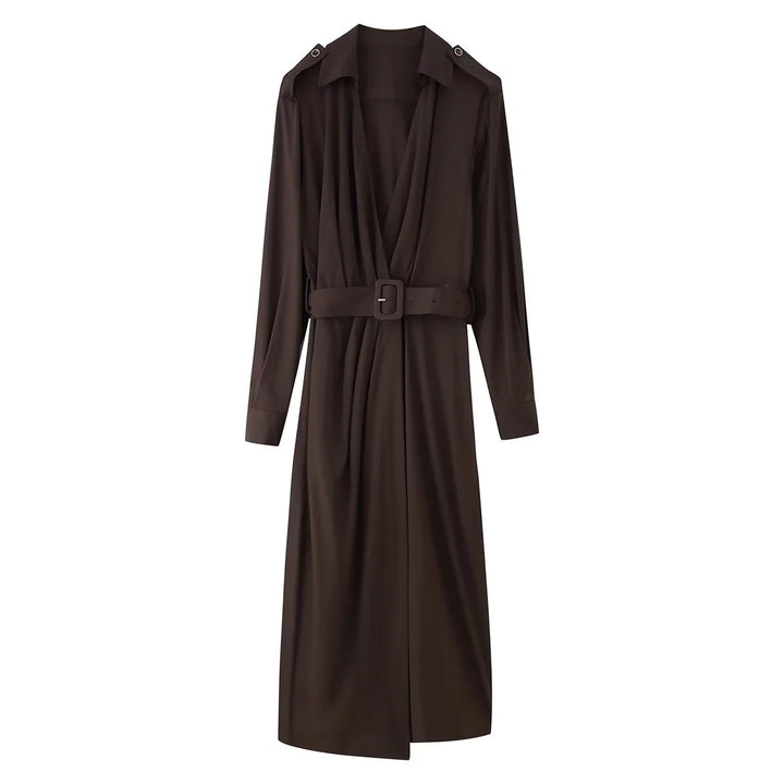 Damen langärmliges Hemdblusenkleid mit Taillengürtel und femininer A-Linien-Silhouette – Valéora