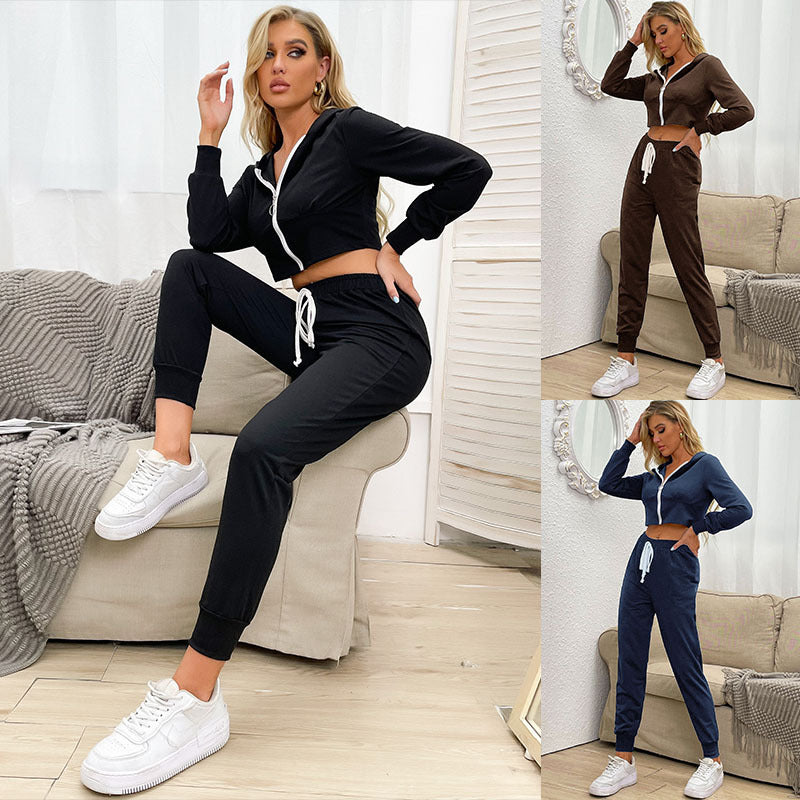 Damen Zweiteiliger Velours-Jogginganzug mit Cropped-Kapuze und Tunnelzughose – Élanora