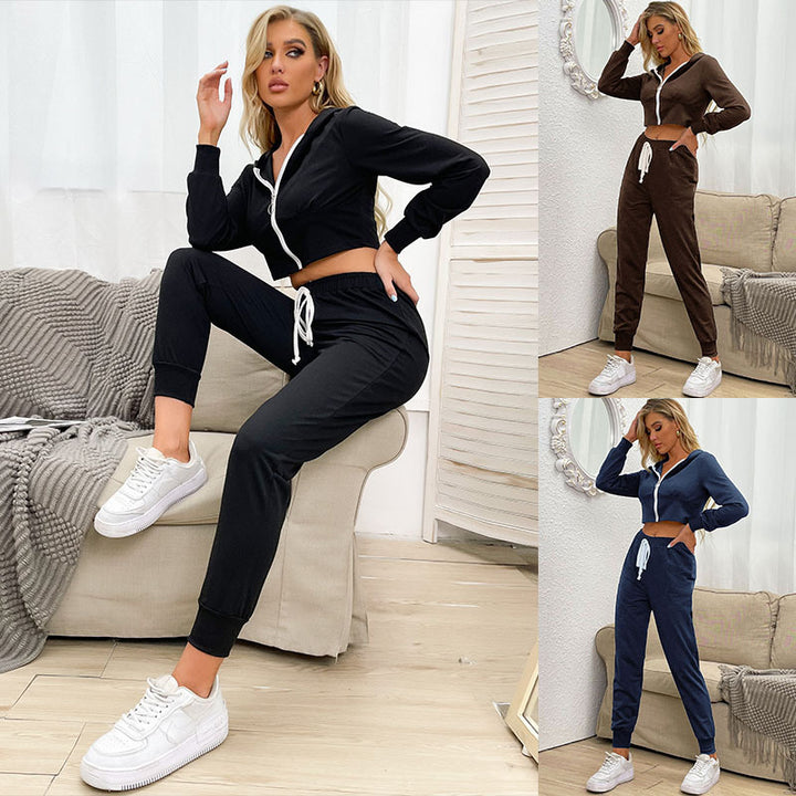 Damen Zweiteiliger Velours-Jogginganzug mit Cropped-Kapuze und Tunnelzughose – Élanora