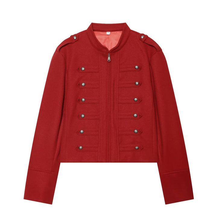 Damen Militärisch inspirierte kurze Wolljacke mit Stehkragen Echo Archiv