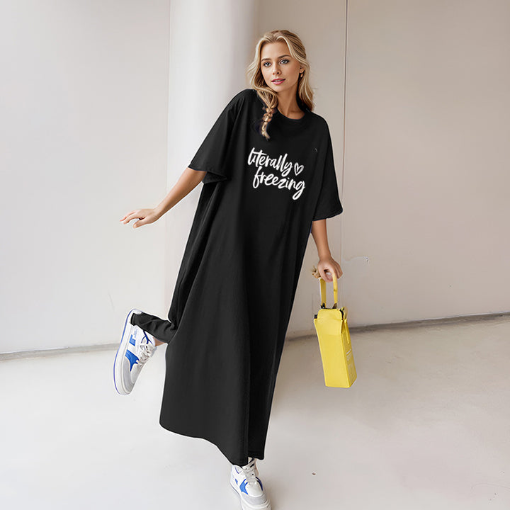 Damen locker geschnittenes Maxikleid mit großem Herzgrafikprint und Rundhalsausschnitt – Valéora