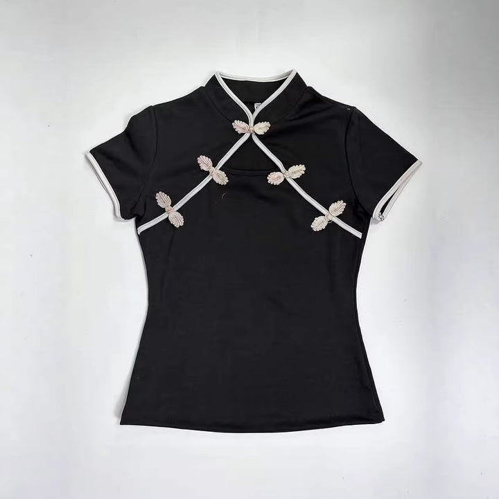 Damen Chinesisch inspirierte Bluse mit modernem Stehkragen und floralen Details Echo Archiv
