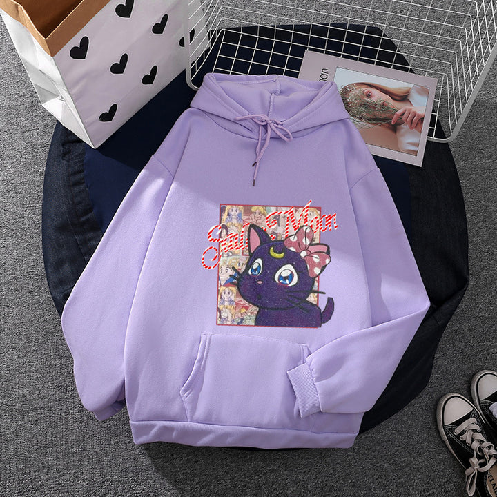 Damen Oversize-Kapuzenpullover mit glitzerndem Anime-Katzen-Motiv, Kängurutasche und weichem Fleece-Innenfutter – Auréline