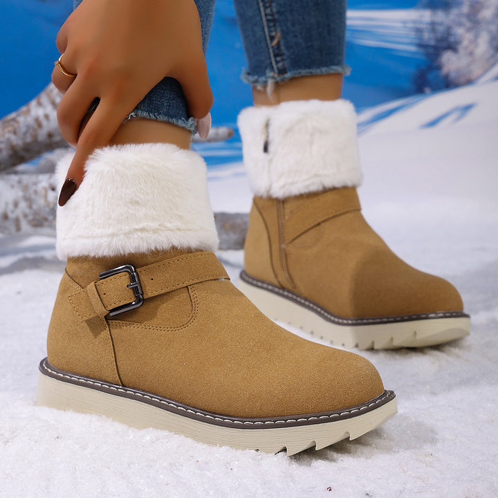 Damen Gefütterte Kurzstiefelette mit Kunstfellkragen, Velours‑Optik und Zierschnalle – Varelle