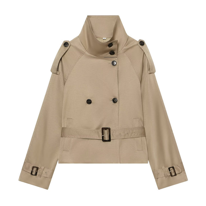Damen Kurze taillierte Trenchjacke im Cape‑Look mit hohem Funnelkragen und Schnallenmanschetten Echoarchiv