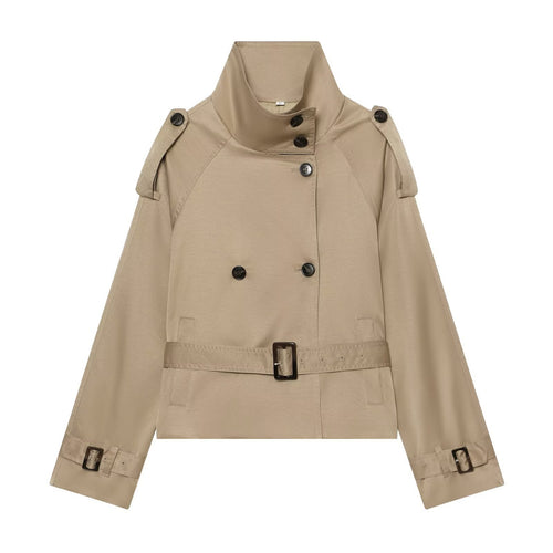 Damen Kurze taillierte Trenchjacke im Cape‑Look mit hohem Funnelkragen und Schnallenmanschetten Echoarchiv