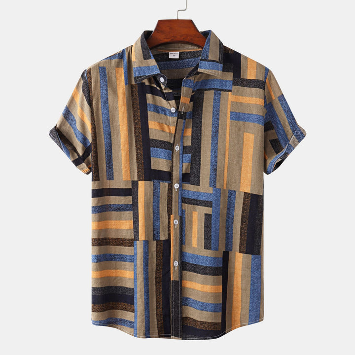 Herren Kurzarmhemd mit kreativem Patchwork-Muster und lockerer Passform Echoarchiv