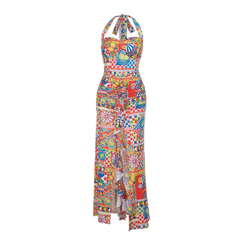 Damen Sommerliches Maxikleid mit buntem Druck und aufregendem Schlitz Echo Archiv