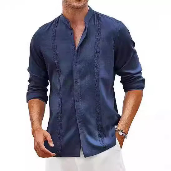 Herren Elegantes Langarmhemd mit Stehkragen und feinen Stickdetails Echoarchiv