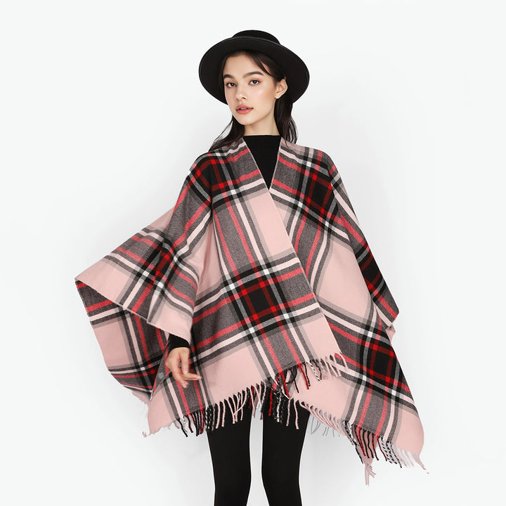 Damen Karierter Oversize-Überwurfponcho mit V-Ausschnitt und Fransensaum – Avérine