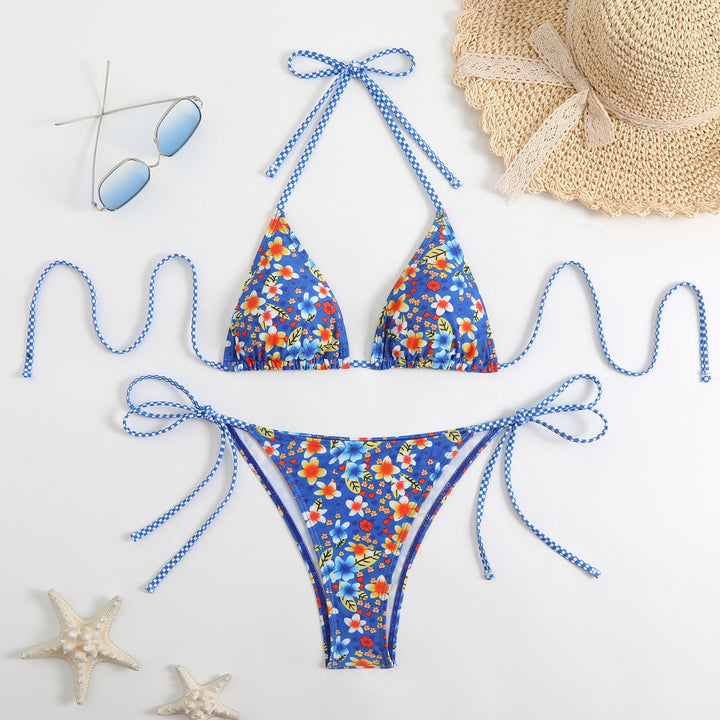 Damen Triangel-Bikini-Set mit verspieltem Blumenmuster und feinen Bindebändern Echo Archiv