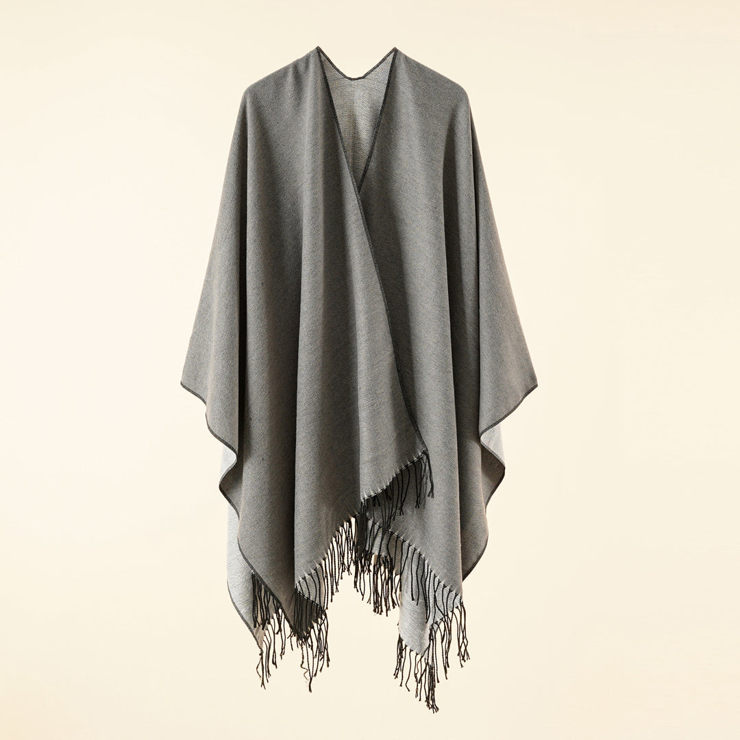 Damen Großer Ruana‑Poncho aus feinem Wollmix mit Fransen und offenem Fall – Montévia