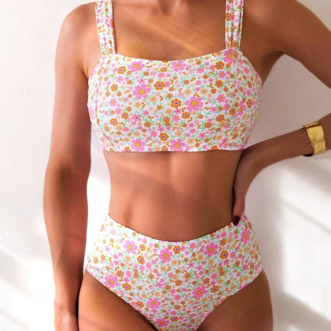 Damen Zweiteiliges Crop-Top Bikini-Set mit floralem Design und breiten Trägern Echo Archiv