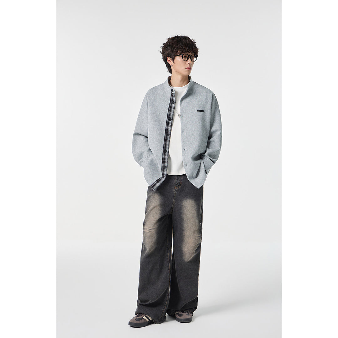 Unisex Oversize-Hemdjacke im Sweat-Overlay mit Stehkragen und karierter Innenmanschette Echoarchiv