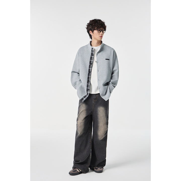 Unisex Oversize-Hemdjacke im Sweat-Overlay mit Stehkragen und karierter Innenmanschette Echoarchiv