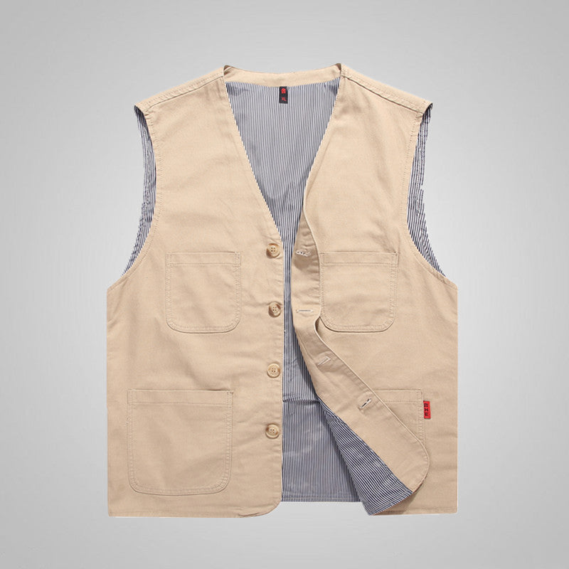 Herren Canvas-Utilityweste aus Baumwolle mit aufgesetzten Taschen und gestreiftem Innenfutter – Marzano