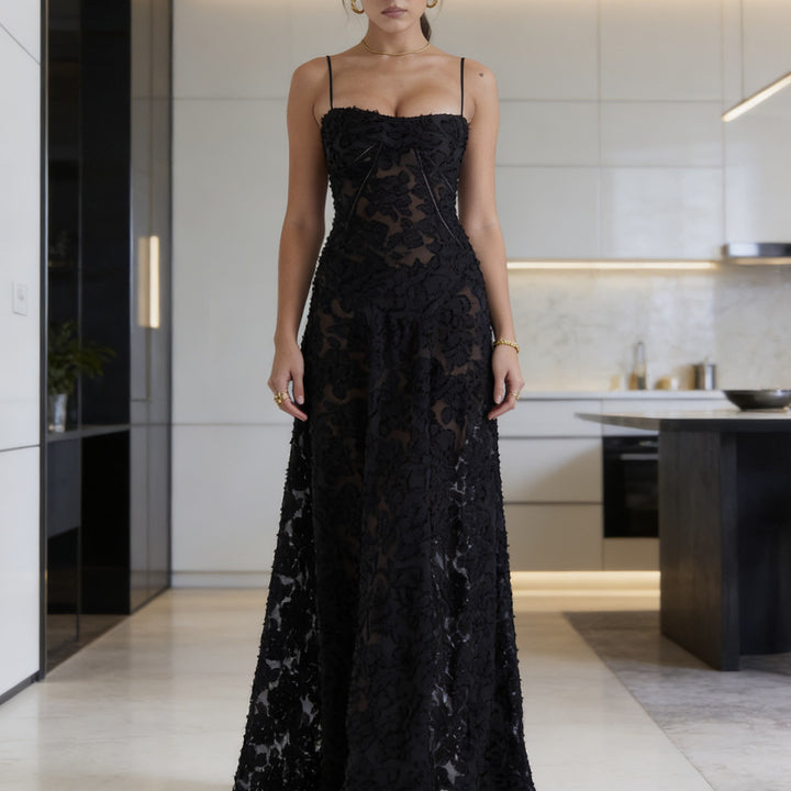 Damen Elegantes Abendkleid mit floralem Oberteil und schmalen Spaghetti-Trägern Echo Archiv