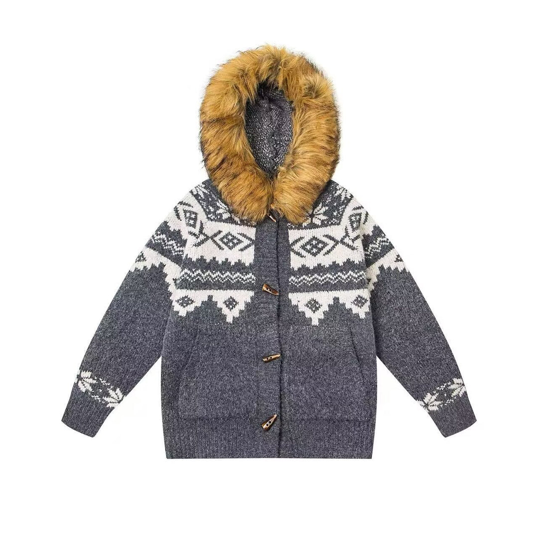 Damen Modische Strickjacke mit Kapuze und kunstfellbesetztem Kragen Echoarchiv