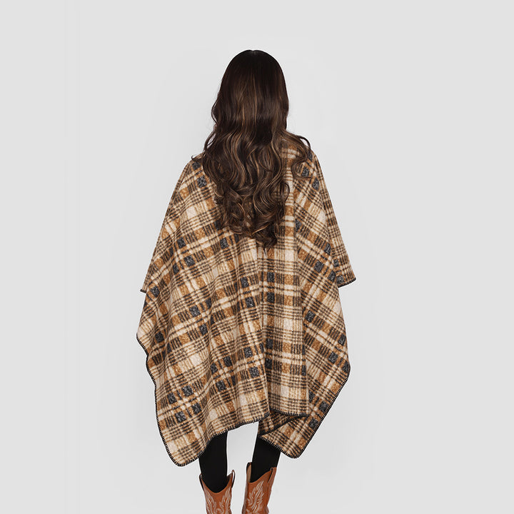 Damen Oversize Wollmix-Capeponcho im Rechteckschnitt mit Karomuster und dekorativer Kettelkante – Avérine