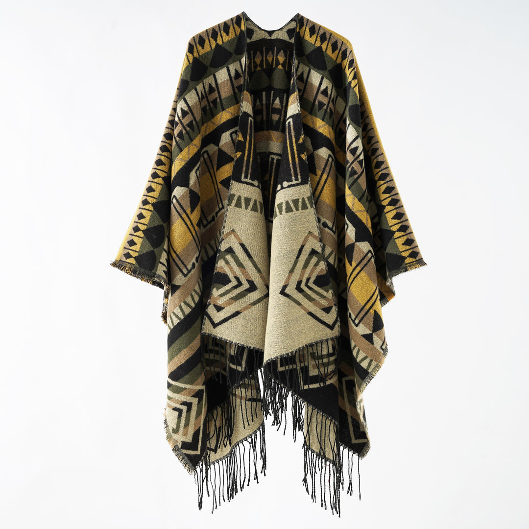Damen Geometrisch gemusterter Wollmix‑Poncho mit Zipfel und Fransen Echo Archiv