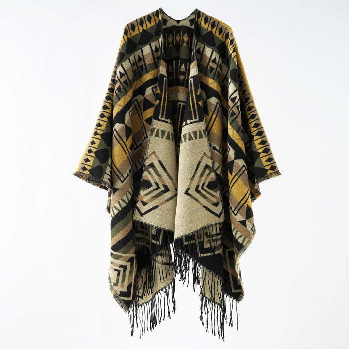 Damen Geometrisch gemusterter Wollmix‑Poncho mit Zipfel und Fransen Echo Archiv