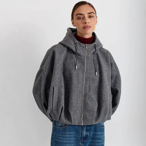 Damen Kurzjacke aus Wollmix mit Kapuze, kastiger Boxy‑Silhouette & gerafftem Saum Echoarchiv