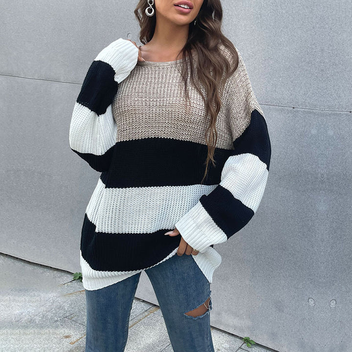 Damen Oversize-Blockstreifen-Pullover aus grobem Strick mit weitem Schnitt Echoarchiv