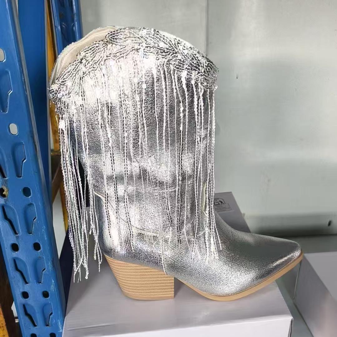Damen kniehohe Fransen-Cowboystiefel mit feiner Perlenfransen-Verzierung und geformtem Blockabsatz Echo Archiv