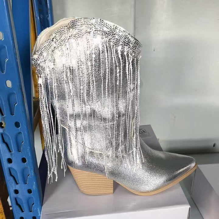 Damen kniehohe Fransen-Cowboystiefel mit feiner Perlenfransen-Verzierung und geformtem Blockabsatz Echo Archiv