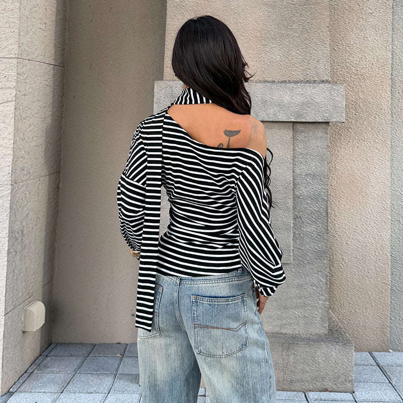 Damen asymmetrisches Streifenoberteil mit schulterfreiem Design und eleganter Schluppe Echo Archiv