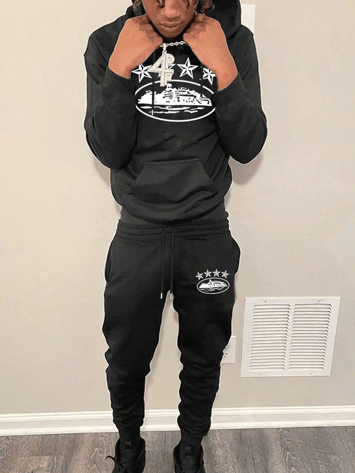 Herren sportliches Hoodie und Jogginghose Set mit auffälligem Grafikdesign Echoarchiv