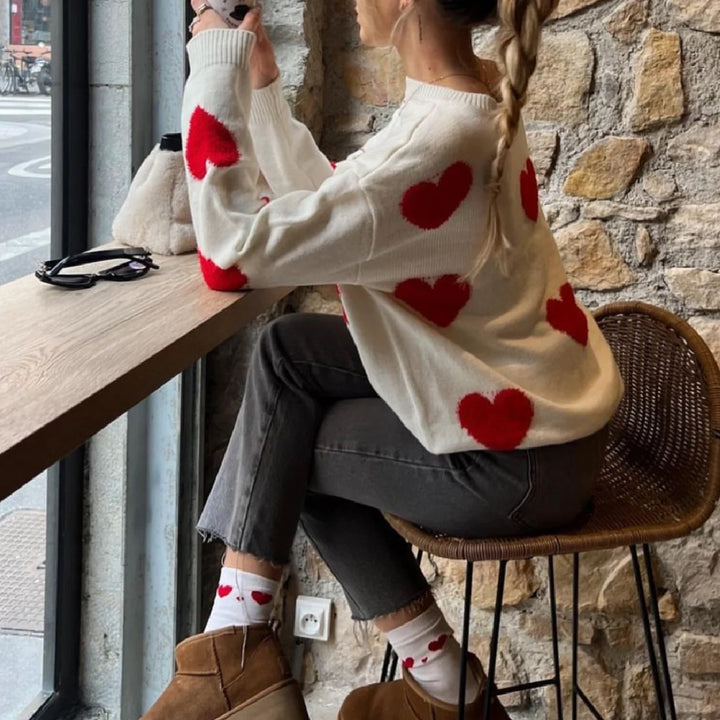 Damen Oversize Rundhalspullover mit Herz-Jacquard und gerippten Säumen – Mavelle