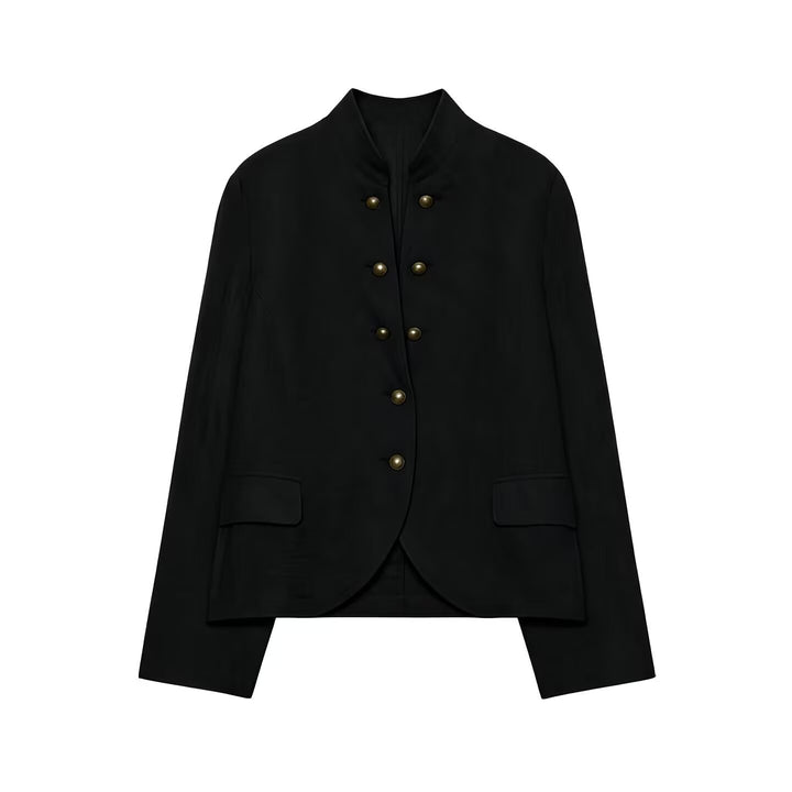 Damen Elegante Kurzjacke mit Stehkragen, Zierriegelknöpfen und Pattentaschen Echo Archiv