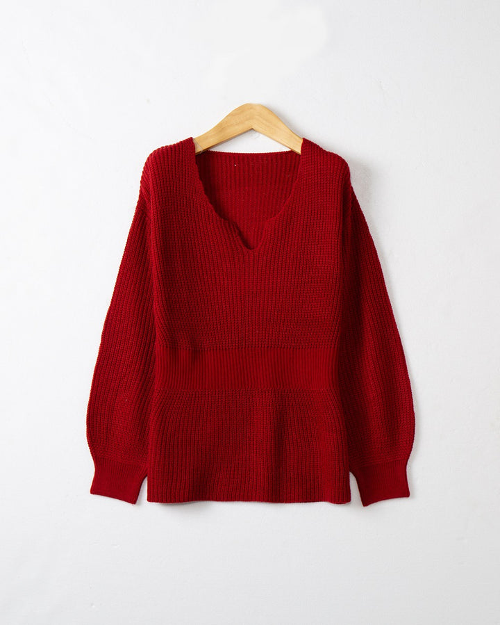 Damen Lockerer Feinstrick-Pullover mit V-Notch-Ausschnitt, Tailliertem Rippbund und Ballonärmeln Echo Archiv