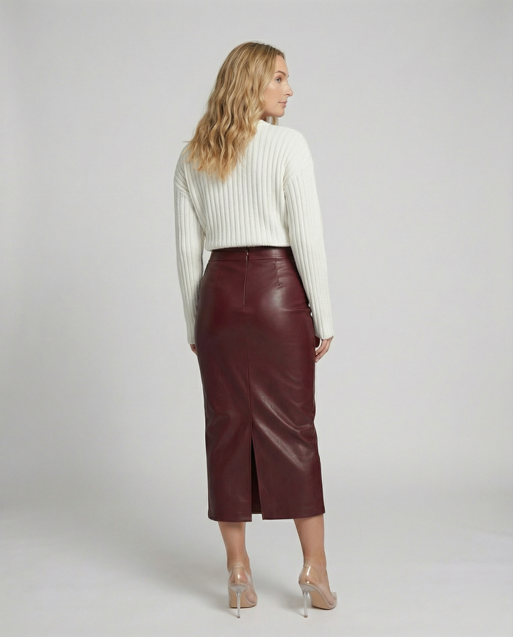 Damen Midi-Rock aus hochwertigem Leder mit Raffung – Rosévia