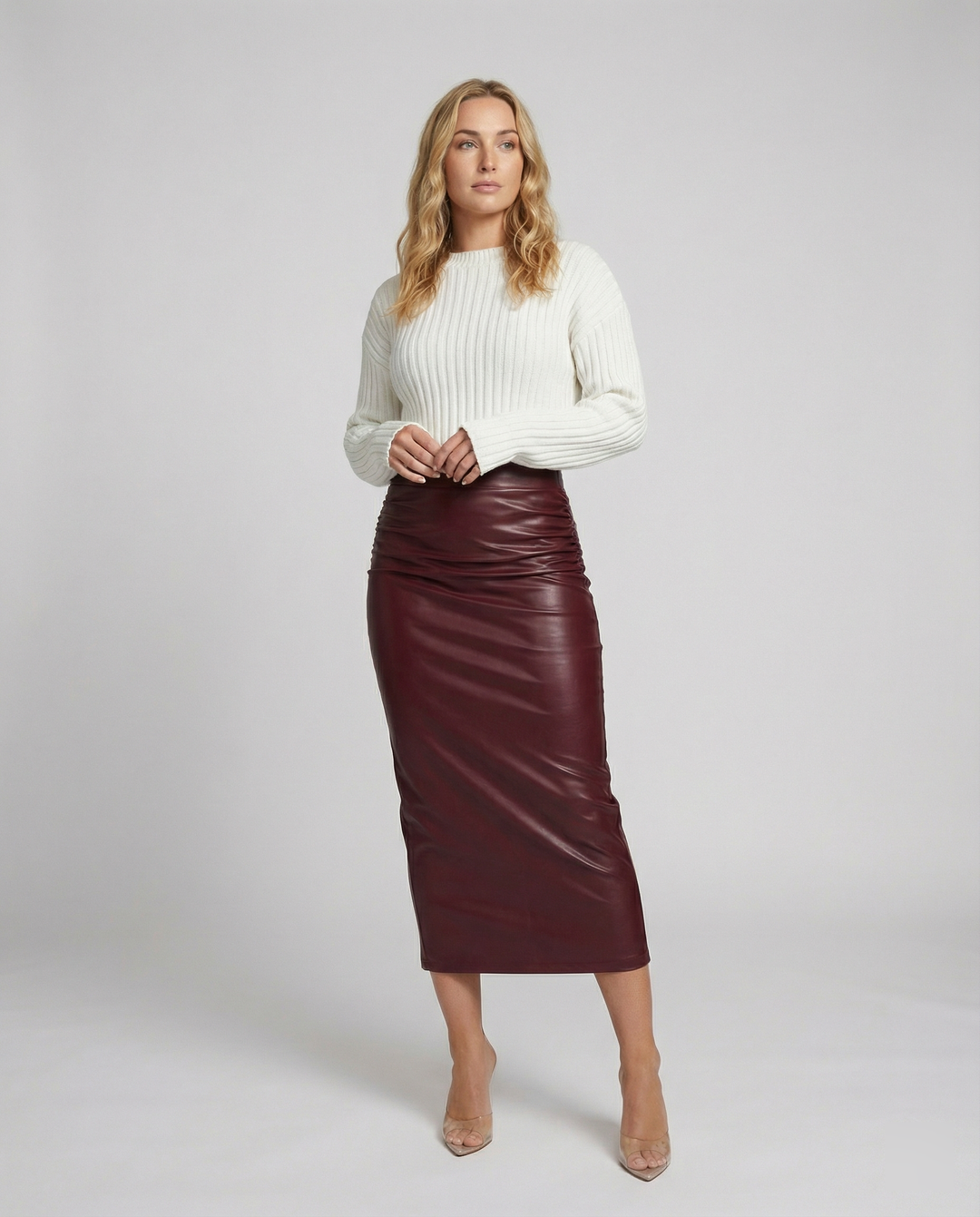 Damen Midi-Rock aus hochwertigem Leder mit Raffung – Rosévia