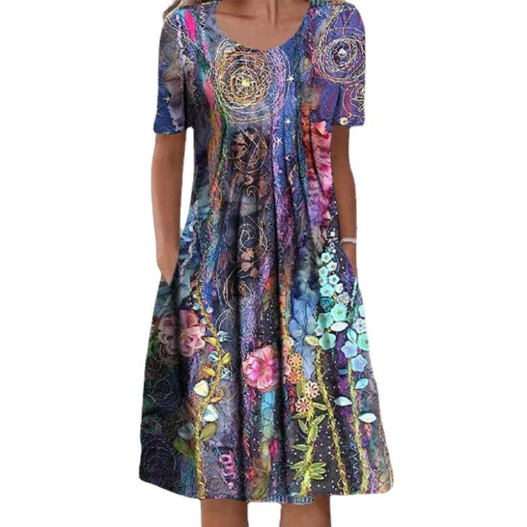 Frauen Mehrfarbige A-Linien Midi Kleid mit Taschen und Abstraktem Blumenmuster – Élara