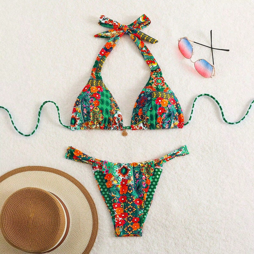 Damen Triangel-Bikini mit floralen Mustern und verspielten Bindebändern Echo Archiv