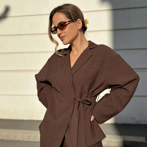 Damen Wickel-Blazer mit Bindegürtel, lässigem Oversize‑Schnitt und Reverskragen Echoarchiv