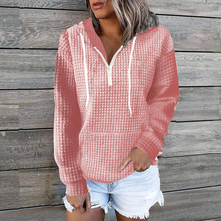 Damen Waffelstruktur Kapuzenpullover mit Halbzip, Kängurutasche und lässigem Oversize‑Schnitt Echoarchiv