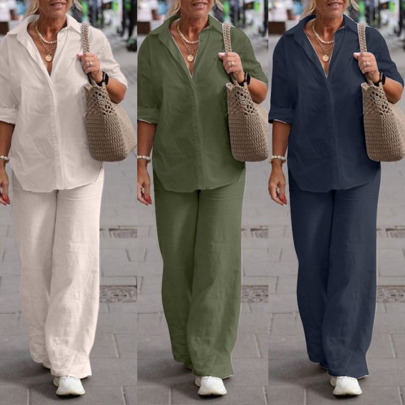 Damen Leichtes Leinen-Optik Zweiteiler mit Oversize-Hemd und weiter Palazzohose Echo Archiv