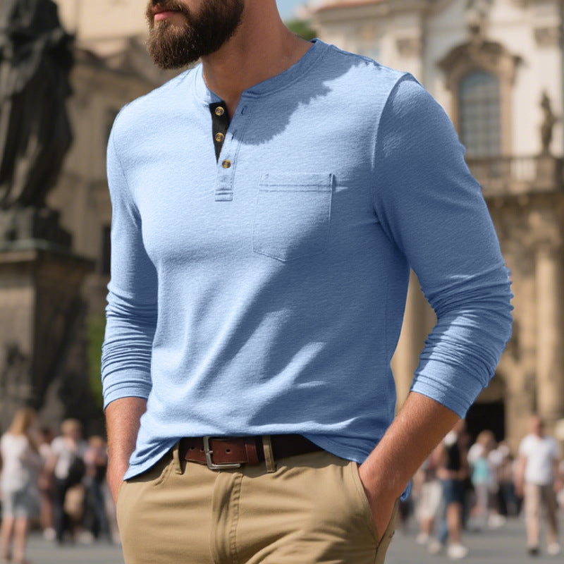 Herren Langarm-Henley-Shirt mit modischem Knopfdesign und praktischer Brusttasche Echoarchiv