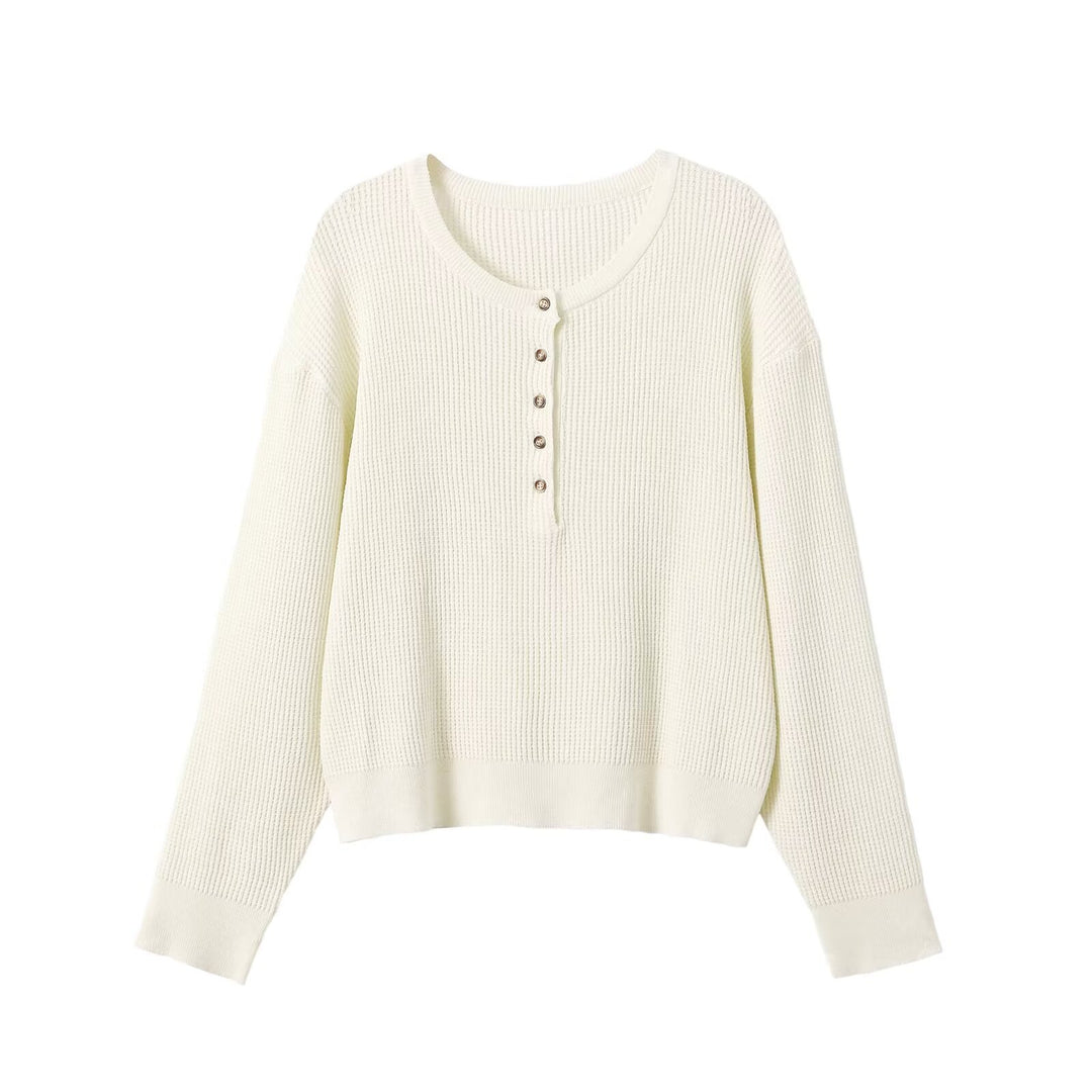 Damen Grobgestrickter Waffelstrick-Pullover mit Henley-Knopfleiste Echoarchiv