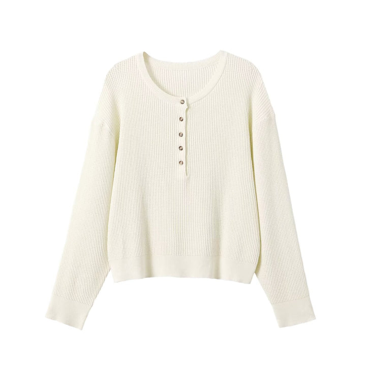 Damen Grobgestrickter Waffelstrick-Pullover mit Henley-Knopfleiste Echoarchiv