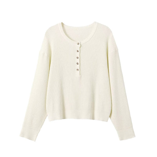 Damen Grobgestrickter Waffelstrick-Pullover mit Henley-Knopfleiste Echoarchiv